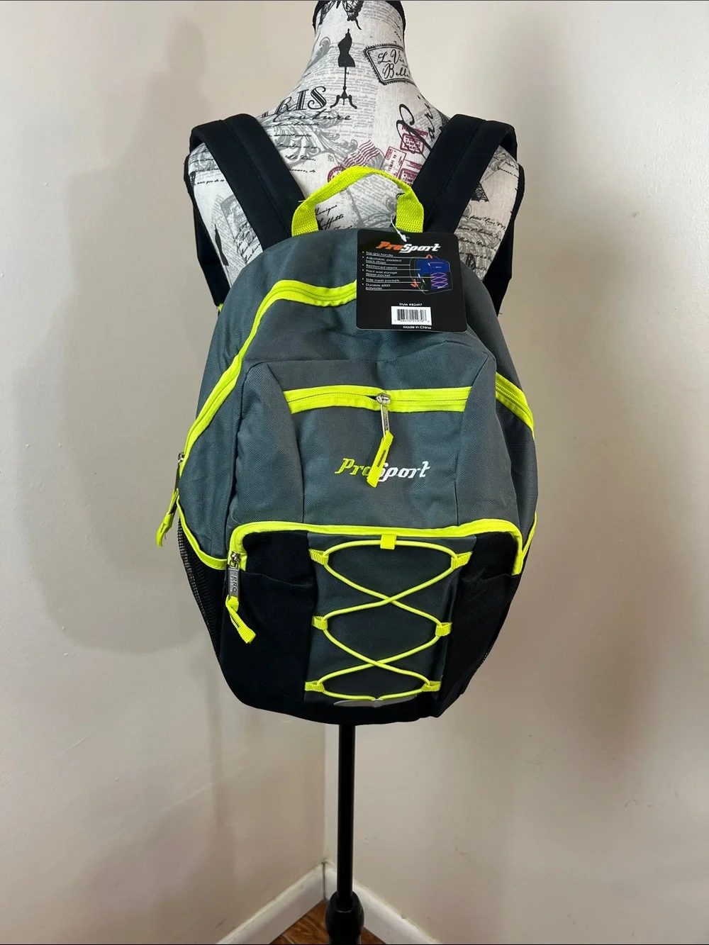 ProSport B2497 Gray & Neon Yellow Backpack School Travel Daypack NWT